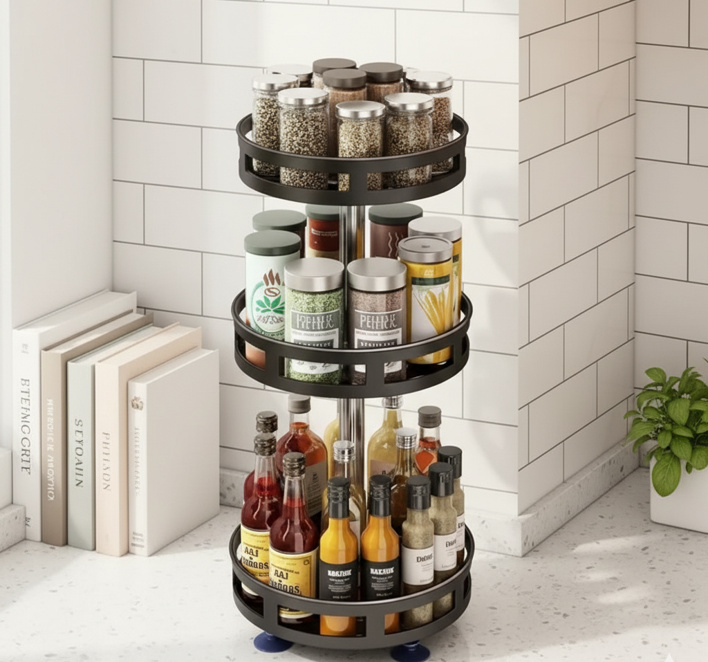 The SpinOrganize™ 360° Tray – Rotating Carbon Steel Spice & Storage Rack